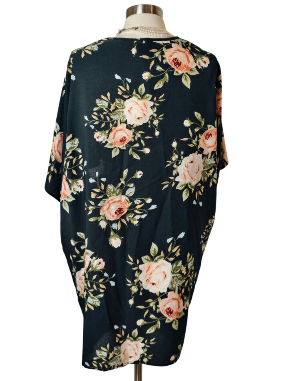 Amaryllis M Open-Front Kimono Cardigan Floral Oversized Navy Peach Floral Chic - Picture 3 of 5